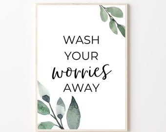 Wash Your Worries Away, Printable Art, Eucalyptus Print, Eucalyptus Printable, Bathroom Shelf Decor, Eucalyptus Wall Art, Cute Bathroom Art