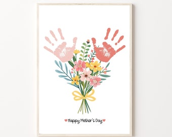 Muttertag Blumen Handabdruck Kunst, Printable | Geschenk für Mama oder Großeltern Handabdruck, Kunsthandwerk von Kindern oder Enkelkindern, Muttertag