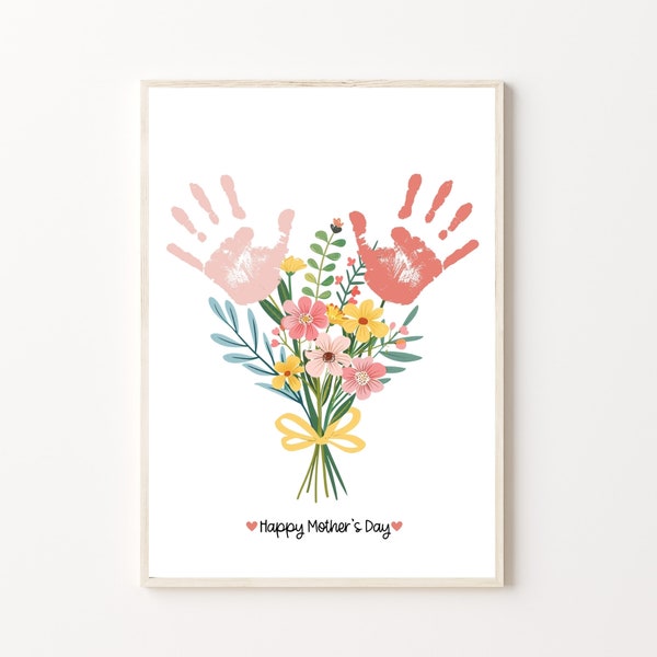 Impression artistique d'une fleur pour la fête des mères, version imprimable | Empreinte de main pour maman ou grands-parents, créations d'enfants ou de petits-enfants, fête des mères