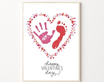 Manualidad de huellas de manos y pies para San Valentín para bebés, recuerdo de San Valentín para niños en edad preescolar o niños pequeños.