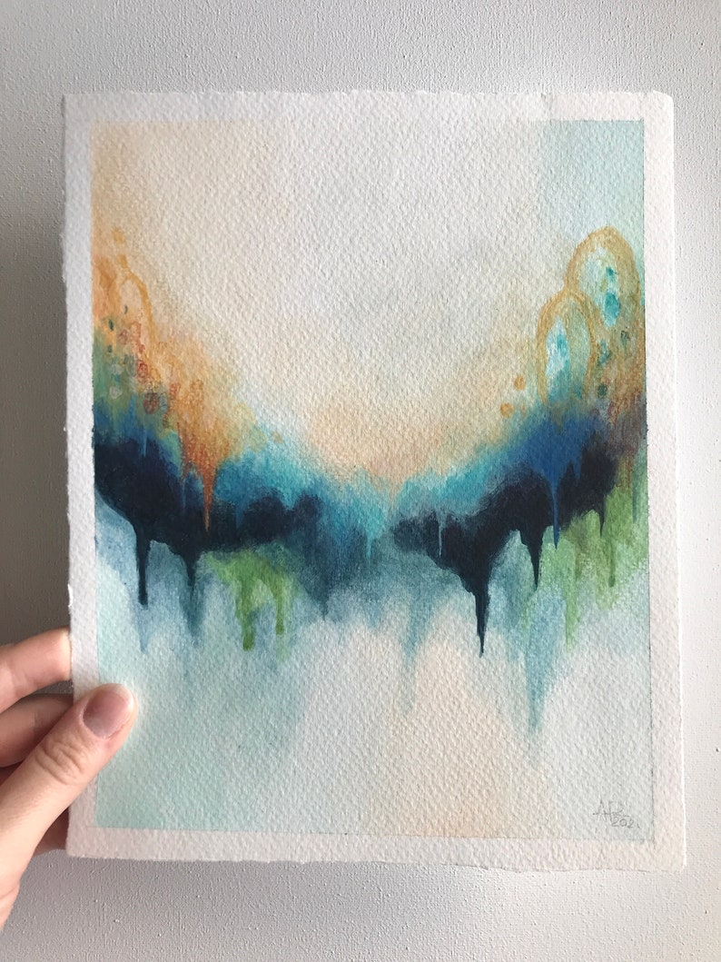 original abstract wall art green and yellow painting on paper Blue whimsical acrylic artwork