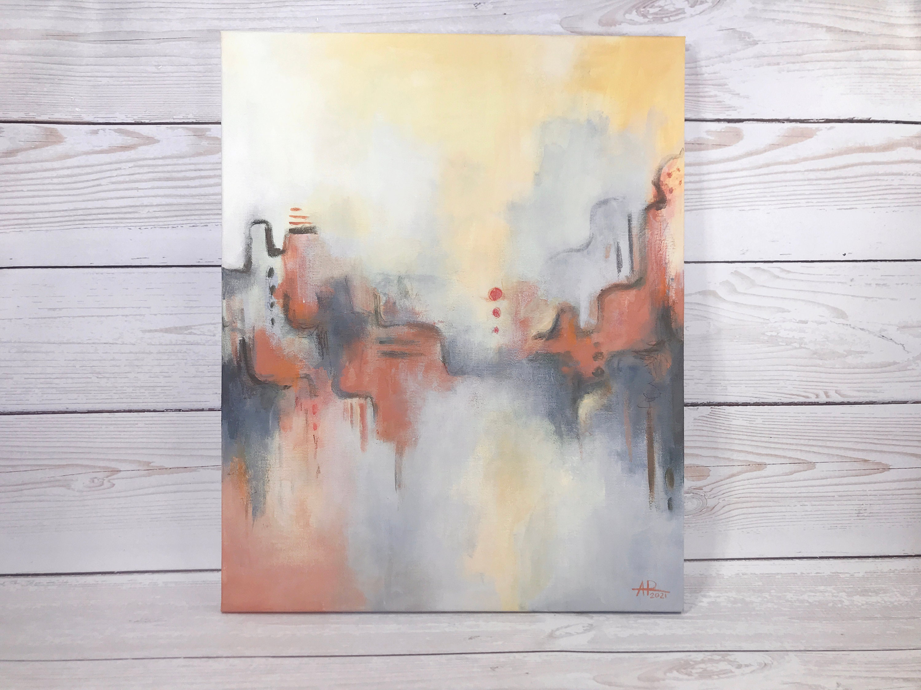 Terracotta and teal original wall art pastel painting on Etsy