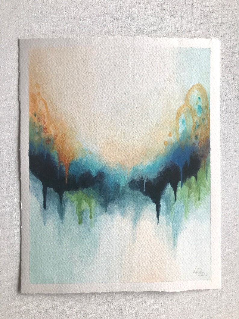 original abstract wall art green and yellow painting on paper Blue whimsical acrylic artwork