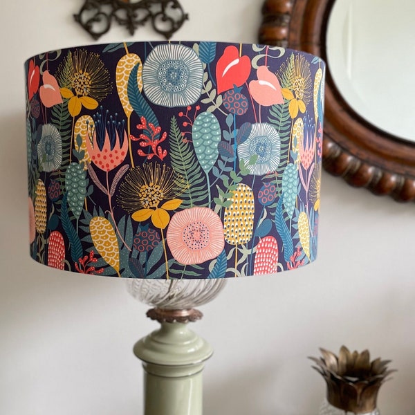 SIZE L ONLY - Handmade Drum Lamp shades - Floral Drum Lampshades  - Jungle - Colorful Lampshade - Anthurium - Fern - Naïve