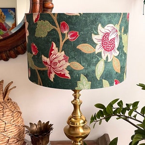 Handmade Drum Lamp shades - Floral Drum Lampshades  - Red flowers - Colorful Lampshade - Red and Green lampshade - Green lampshade