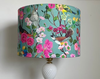 SIZE L ONLY - Handmade Drum Lamp shades - Floral Drum Lampshades  - Birds And Blooms - Colorful Lampshade - Pink - Birds Chinoiserie