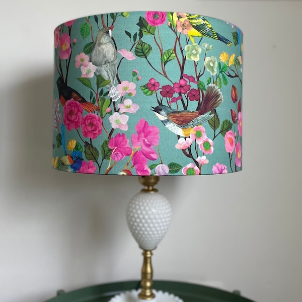 SIZE S ONLY - Handmade Drum Lamp shades - Floral Drum Lampshades  - Birds And Blooms - Colorful Lampshade - Pink - Birds Chinoiserie