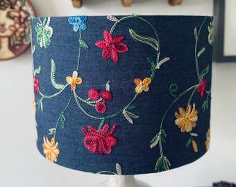 SIZE L ONLY - Handmade Drum Lamp shades - Floral Drum Lampshades  - Jungle - Colorful shade - Embroidered Fabric Shades - Denim Shades