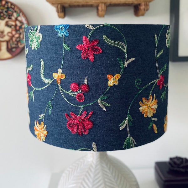 SIZE S ONLY - Handmade Drum Lamp shades - Floral Drum Lampshades  - Jungle - Colorful shade - Embroidered Fabric Shades - Denim Shades
