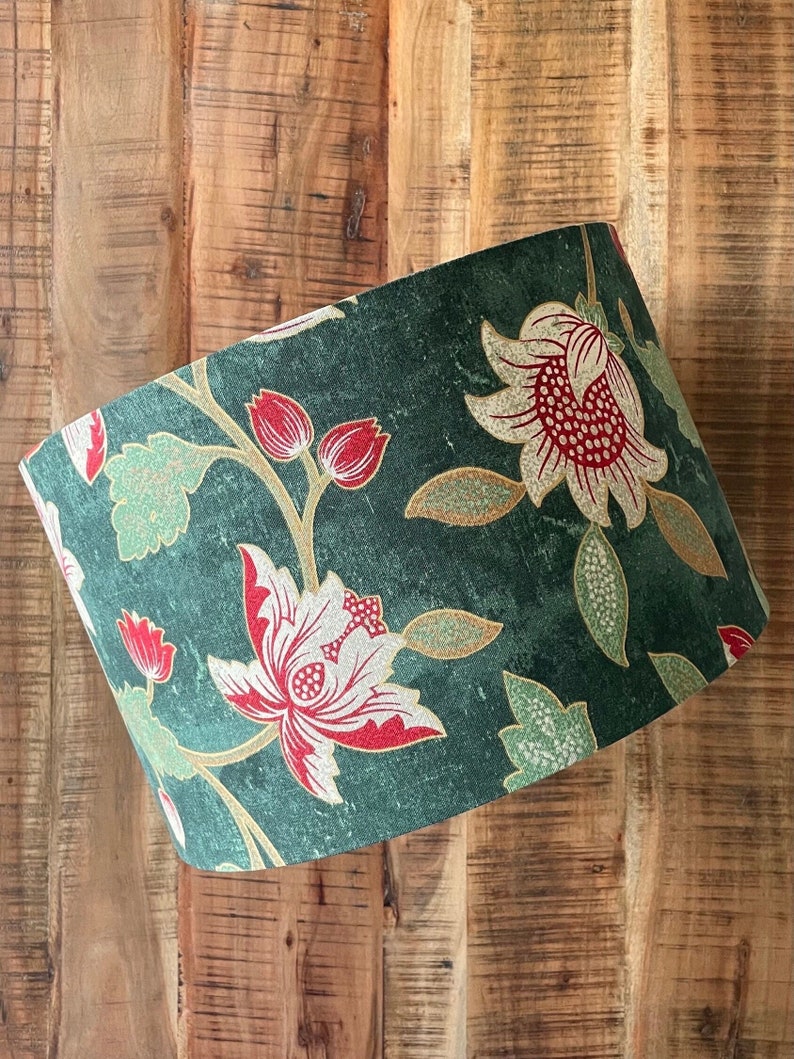Handmade Drum Lamp shades Floral Drum Lampshades Red flowers Colorful Lampshade Red and Green lampshade Green lampshade image 2