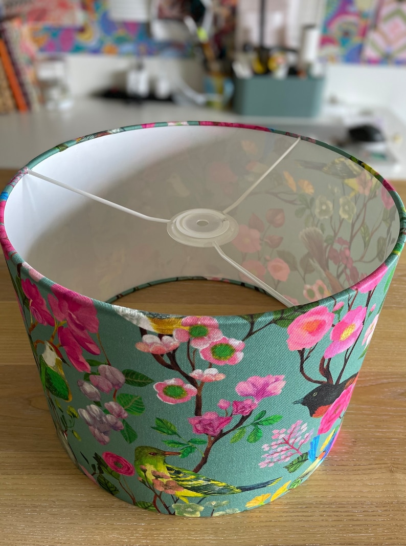 SIZE L ONLY Handmade Drum Lamp shades Floral Drum Lampshades Birds And Blooms Colorful Lampshade Pink Birds Chinoiserie image 4