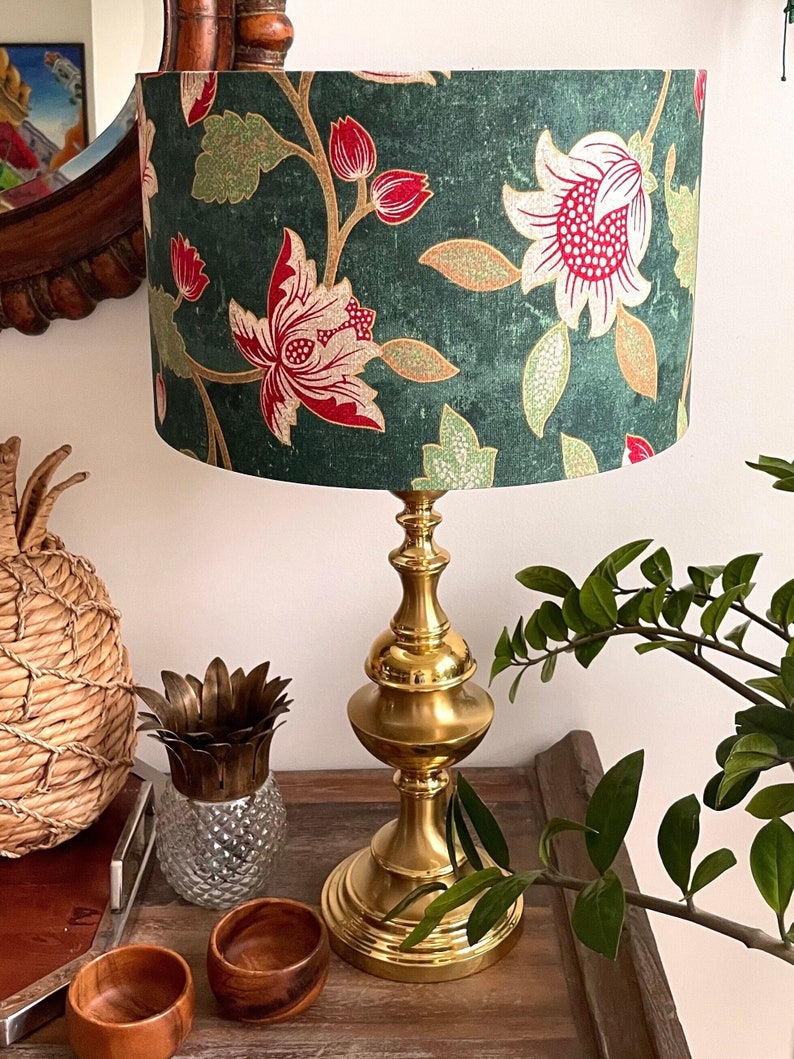 Handmade Drum Lamp shades Floral Drum Lampshades Red flowers Colorful Lampshade Red and Green lampshade Green lampshade image 1