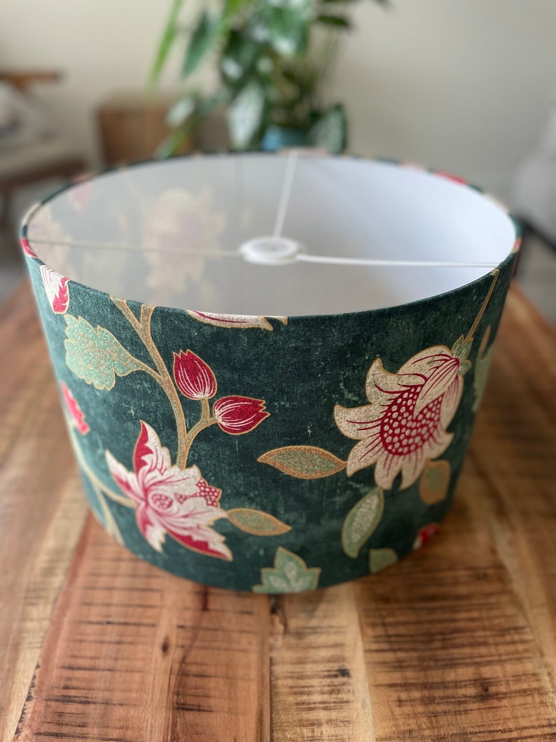 Handmade Drum Lamp shades Floral Drum Lampshades Red flowers Colorful Lampshade Red and Green lampshade Green lampshade image 4