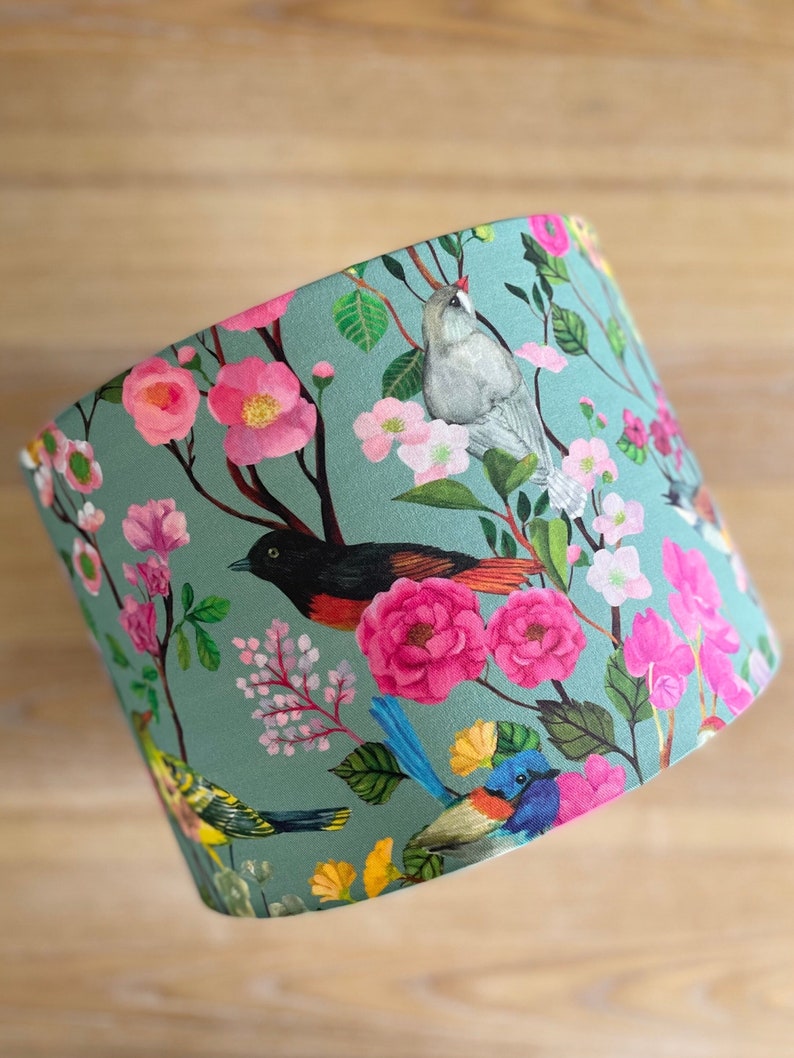 SIZE M ONLY Handmade Drum Lamp shades Floral Drum Lampshades Birds And Blooms Colorful Lampshade Pink Birds Chinoiserie image 3