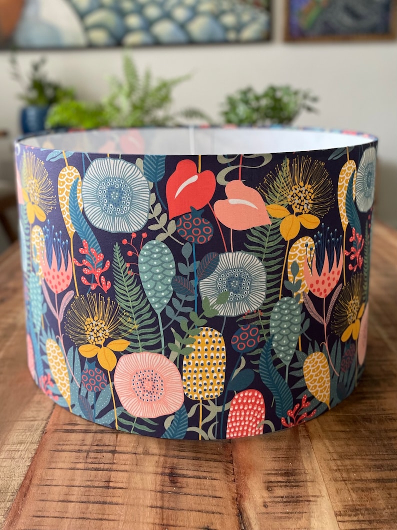 SIZE L ONLY Handmade Drum Lamp shades Floral Drum Lampshades Jungle Colorful Lampshade Anthurium Fern Naïve image 3