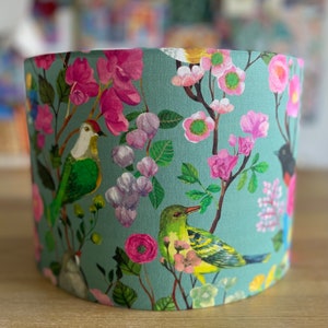 SIZE L ONLY Handmade Drum Lamp shades Floral Drum Lampshades Birds And Blooms Colorful Lampshade Pink Birds Chinoiserie image 2