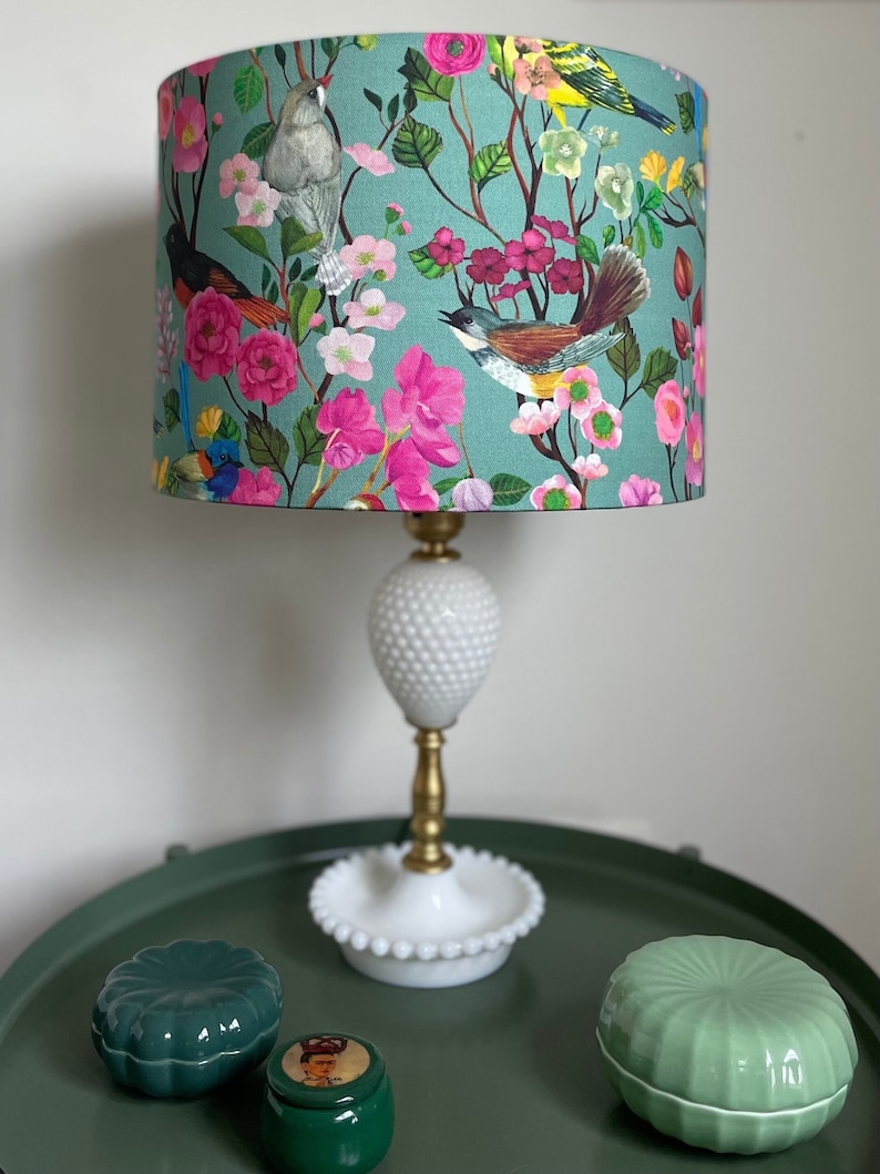 SIZE M ONLY Handmade Drum Lamp shades Floral Drum Lampshades Birds And Blooms Colorful Lampshade Pink Birds Chinoiserie image 1