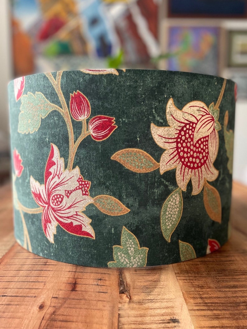 Handmade Drum Lamp shades Floral Drum Lampshades Red flowers Colorful Lampshade Red and Green lampshade Green lampshade image 3