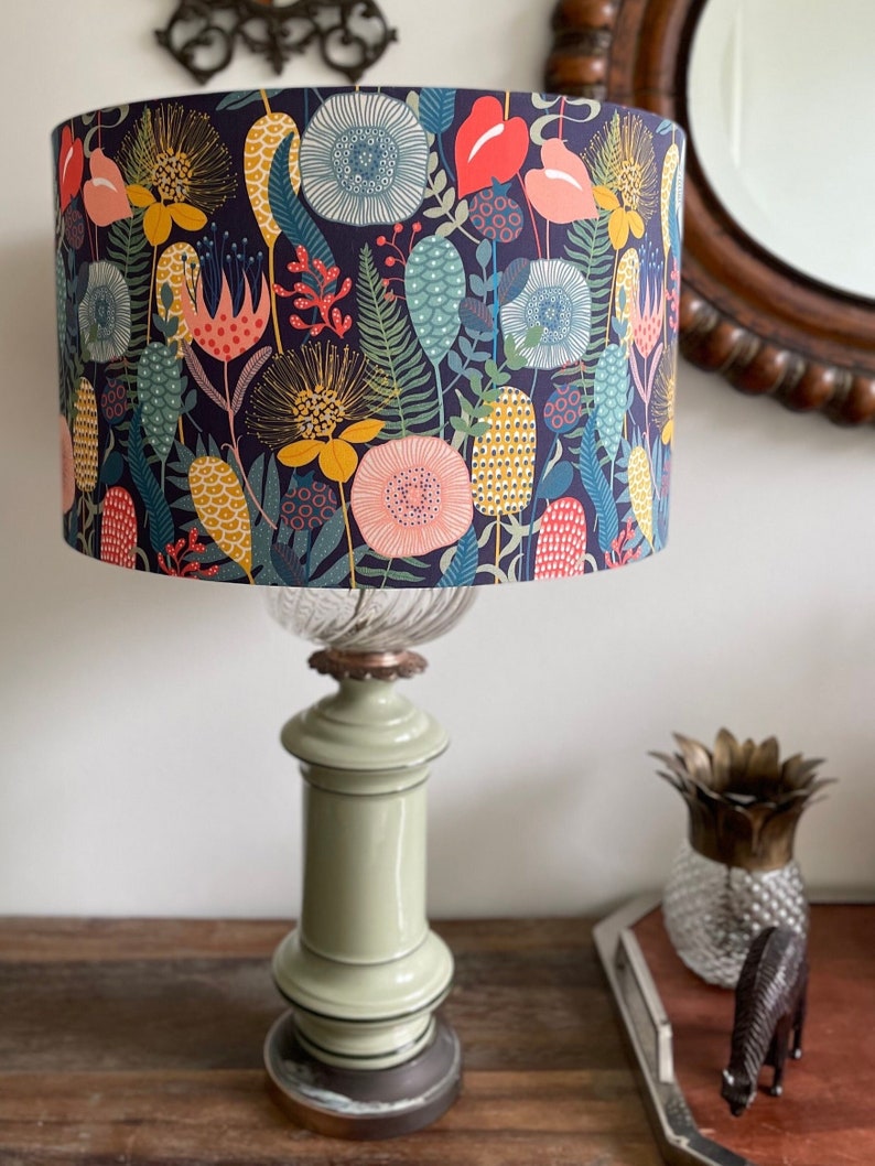 SIZE L ONLY Handmade Drum Lamp shades Floral Drum Lampshades Jungle Colorful Lampshade Anthurium Fern Naïve image 1
