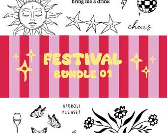 Festival Temporary Tattoo Bundle 01 | Minimal Fine Line Tattoos | Summer Party | Small Tattoo Bundle