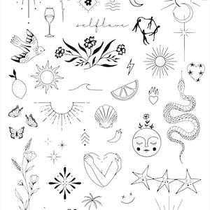 Könnte beinhalten: Eine Sammlung von Schwarz-Weiß-Illustrationen. Das Bild zeigt Sonne, Mond, Sterne, Blumen, Schmetterlinge, eine Schlange und die Wörter "selflove" und "happy".