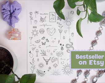 Tatouages éphémères fins 48 mini motifs boho et summer | Feuille tiny tattoos bras et main | Tatouages temporary vegan & doux pour la peau