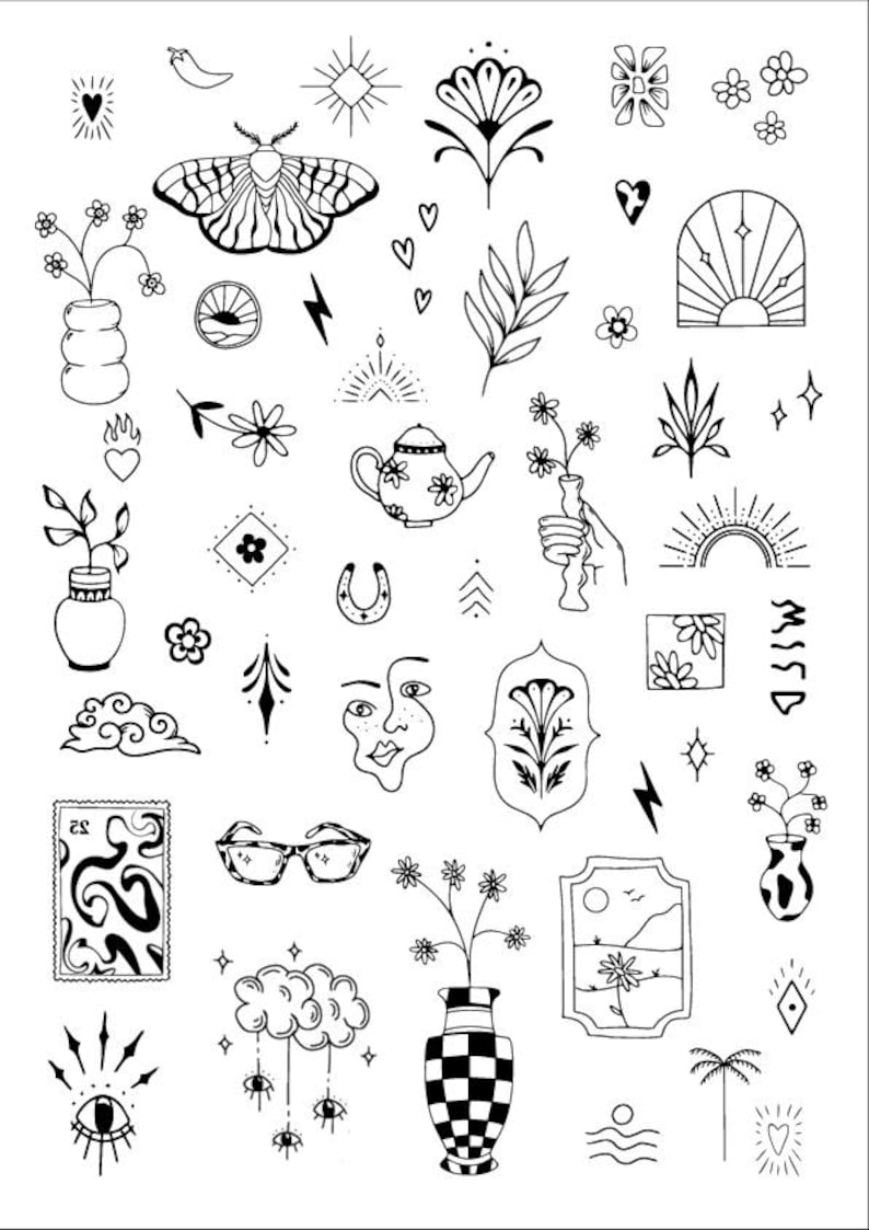 May include: Black and white line art illustration featuring various bohemian-style drawings. Includes a moth, flowers in vases, a teapot, a face, glasses, clouds, and other decorative elements. The drawings are arranged on a white background.