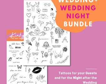 Wedding & Bachelorette Tattoo Set - 2 Creative Temporary Tattoo Sheets for Wedding Couple, Guests, Bridal Shower, JGA Fun Party Ideas