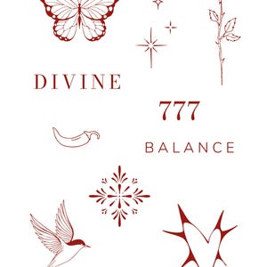 Red Temporary Tattoo Flash Sheet with lettering & cute fineline designs: Pinterest Tattoo Sheet, combo pack!