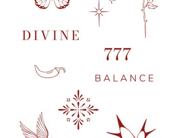 Red Temporary Tattoo Flash Sheet with lettering & cute fineline designs: Pinterest Tattoo Sheet, combo pack!
