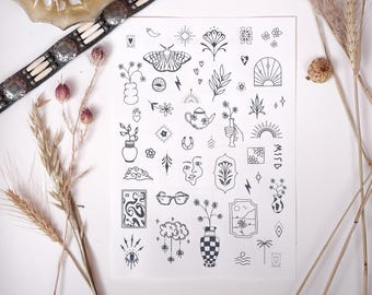 47 Fineline Temporary Tattoos, high-quality adhesive tattoos, tiny flashes, boho vintage henna temporary tattoos, tiny stickers, handmade