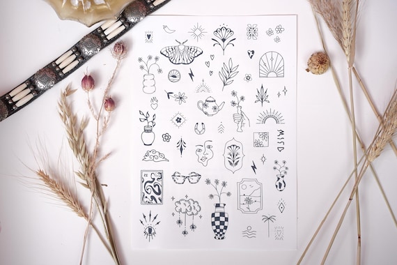 47 Fineline Temporary Tattoos hochwertige Klebetattoos tiny Flashes boho vintage henna temporäre Tattoos Tiny Sticker Arm Handmade