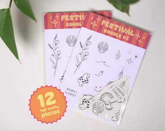 Festival Temporary Tattoo Bundle 02 | Boho Fineline Tattoos | Summer Party | Small Vintage Tattoo Bundle Snake Dino Shell Sparkles Flowers