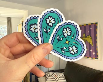 Folk art, folklore, vintage colorful vinyl retro sticker, decal, flowers, heart, Art Nouveau