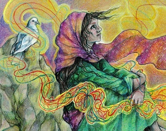 Theotokos (Θεοτόκος; The Annunciation, Virgin Mary Original Colored Pencil Drawing)