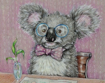 Business Koala (Original Colored Pencil Drawing; Koala Food Tree Donation Eligible)