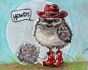 Howdy Birdy (Cowboy Bird Original Colored Pencil Drawing)