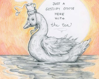 Gossipy Goose (6 x 6 Mini Sketch, Daily Draw; Original Graphite and Colored Pencil Drawing)