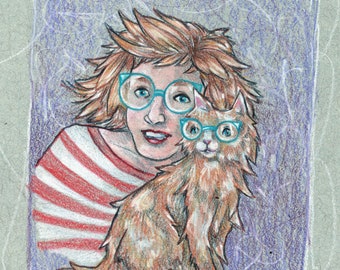 Wanda and Cat (Woman and Cat Original Colored Pencil Drawing)