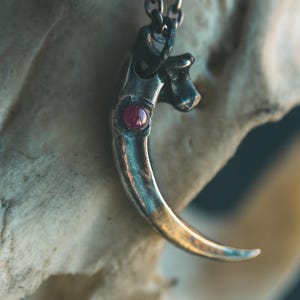 May include: A silver-toned claw pendant with a small, round, red gemstone set in the center. The claw is suspended from a delicate chain. The pendant is set against a blurred, off-white background, creating a gothic or fantasy aesthetic.