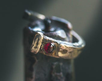 Coffin Nail Ring | Rhodolite Garnet, Sterling Silver, 23.5K Gold Keum-boo, Banishing Talisman