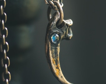 Peregrine Falcon Talon Pendant with Rainbow Moonstone Cabochon
