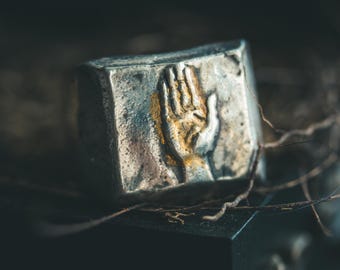 Hand of Protection Signet Ring, Sterling Silver with 23.5K Gold Keum-boo, Evil Eye Protection Talisman Ring, Unisex Occult Signet