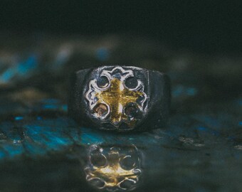 Sterling Silver Cross Ring | 23K Gold Keum-boo Talisman Statement Ring
