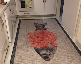Alfombra de cocina antideslizante lavable a máquina decorativa de peces