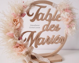Couronne "table des mariés" en fleurs séchées champêtre blanc et rose pour décoration de salle de mariage, composition centre de table