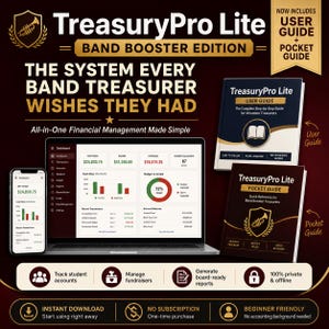 May include: A promotional image for TreasuryPro Lite, a financial management system for band treasurers. The image features a laptop, smartphone, and two guides. Text includes "The System Every Band Treasurer Wishes They Had" and "All-in-One Financial Management Made Simple."