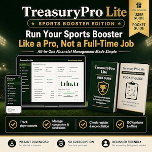 Może przedstawiać: Reklama TreasuryPro Lite, oprogramowania do zarządzania finansami dla sponsorów sportowych. Obraz przedstawia laptopa, smartfona i dwie instrukcje. Tekst zawiera "Run Your Sports Booster Like a Pro" i "Instant Download."