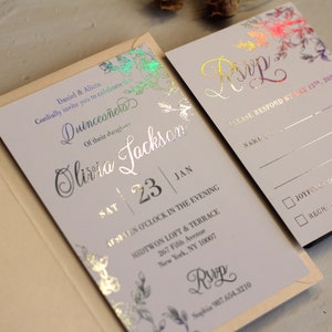 Quinceañera Invitation Card Foil hotstamping Holographic. Color foil. Rose gold invitation. Fifteen. Sweet sixteen. Flower invitation