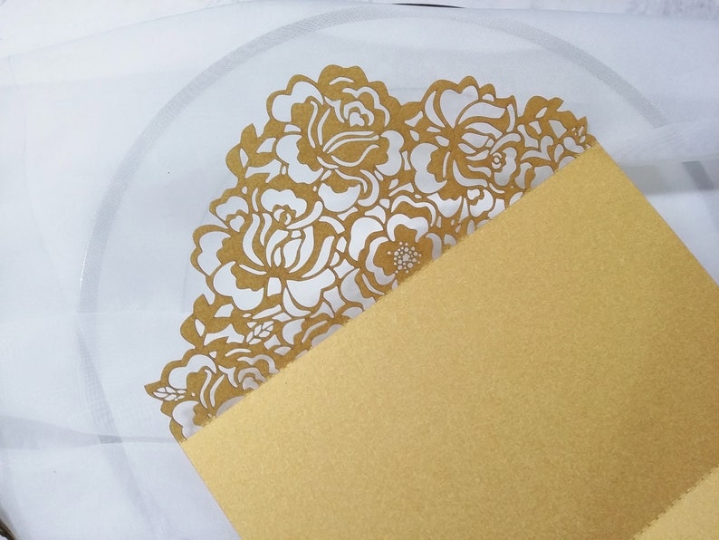 DIY Dress fifteen quinceanera Invitation Pocketfold Card Laser Cut. Laser Cut Cover. Invitation Tri-Fold flower rose. Lace Laser Cut image 5